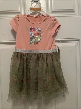 Girls' Pink Sequin Owl Tulle Dress with Glitter Skirt